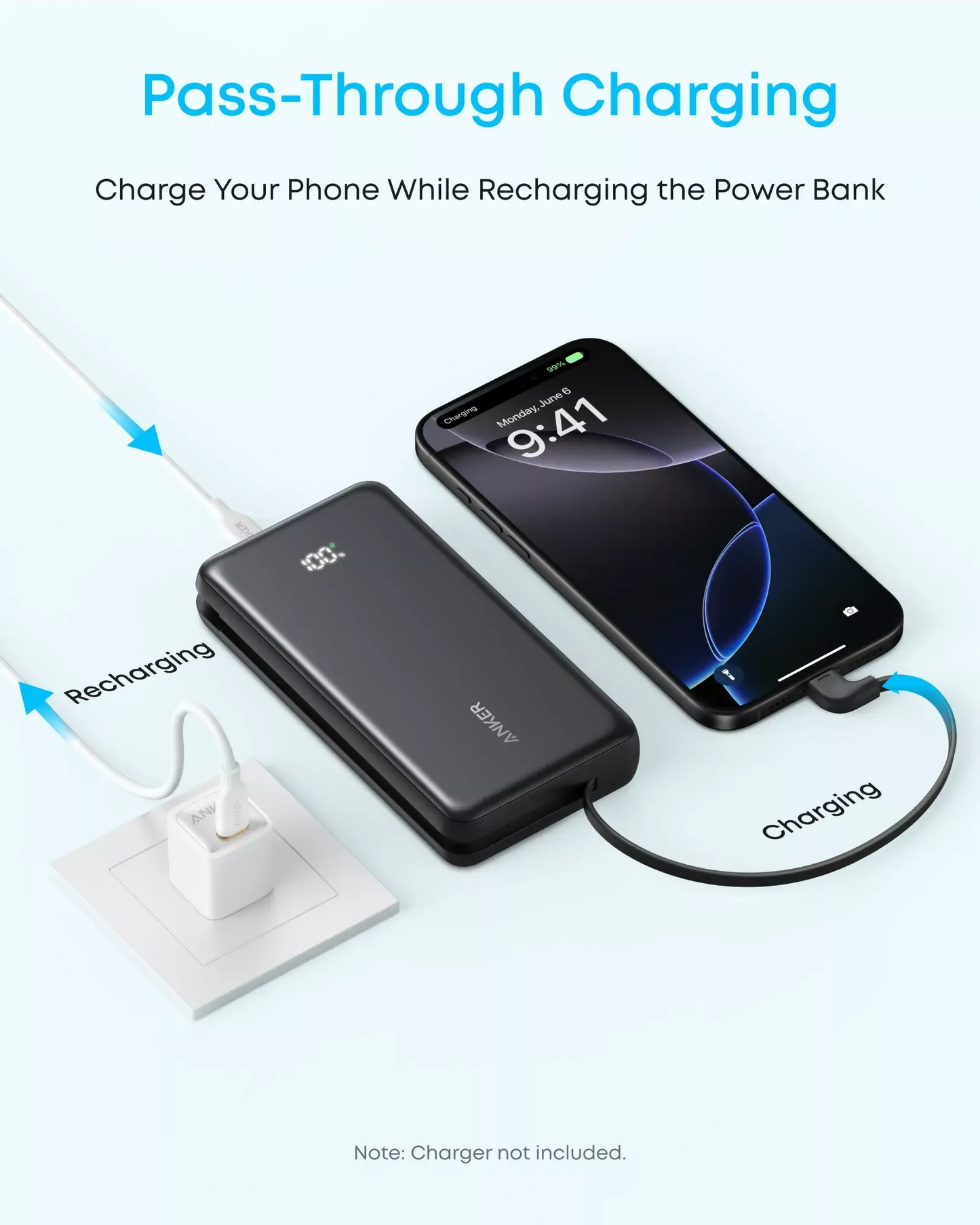 Anker Zolo ulkoinen akku, 20000mAh, 22.5W, QC + PD, 1 x USB-A - 2 x USB-C, Musta A110EH11