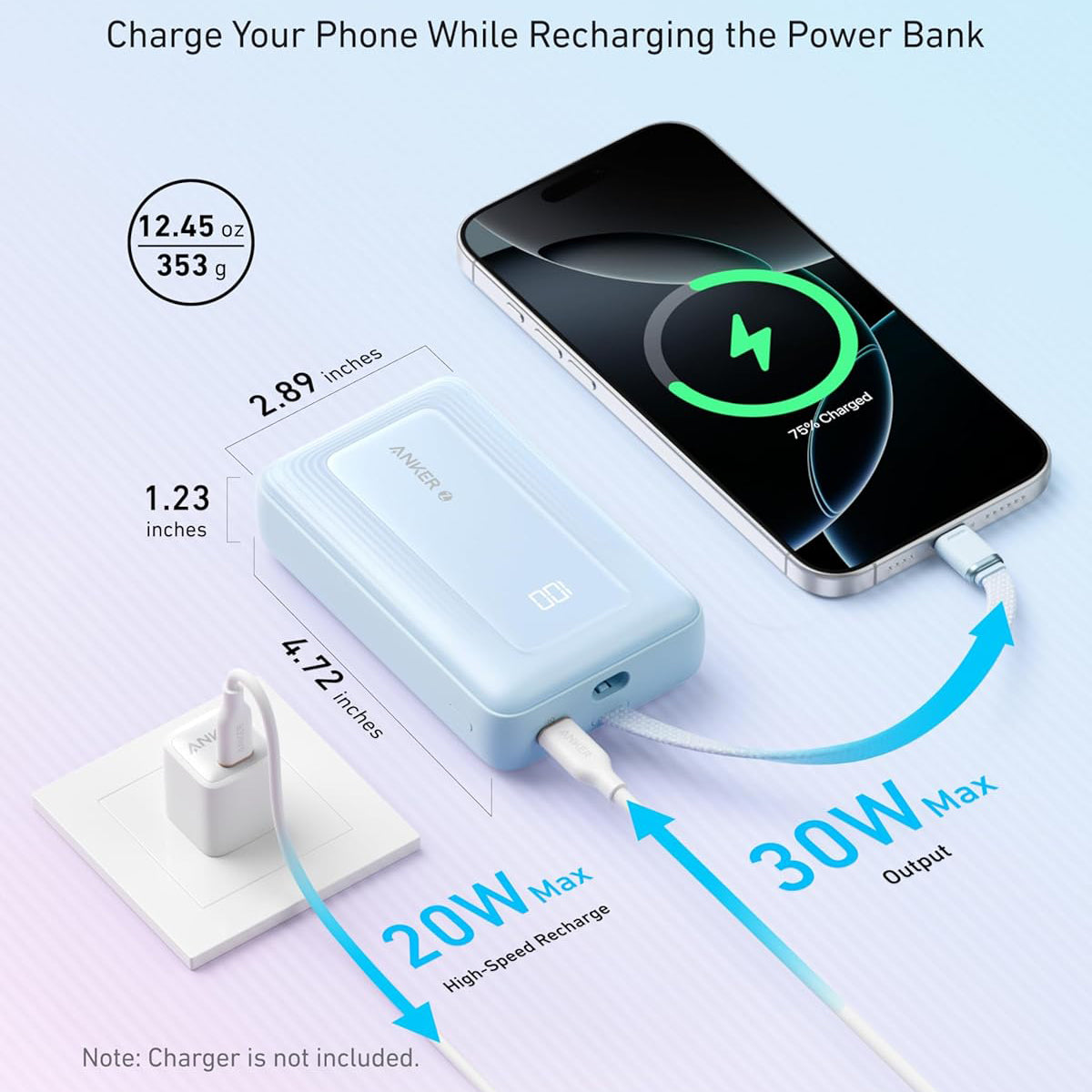 Anker Zolo ulkoinen akku, 20000mAh, 30W, QC + PD, 1 x USB-A - 2 x USB-C, Sininen A1689031