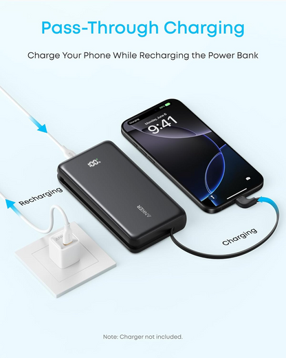 Anker Zolo Ulkoinen Akku, 10000mAh, 22.5W, QC + PD, 1 x USB-A - 2 x USB-C, Musta A110DH11