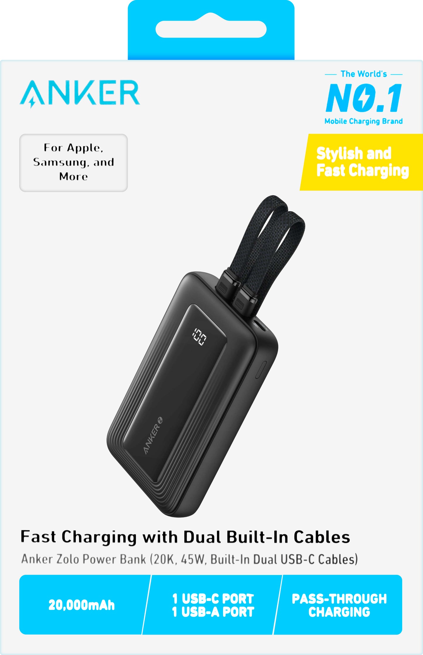 Anker Zolo ulkoinen akku, 20000mAh, 45W, QC + PD, 1 x USB-A - 3 x USB-C, Musta A1681H12