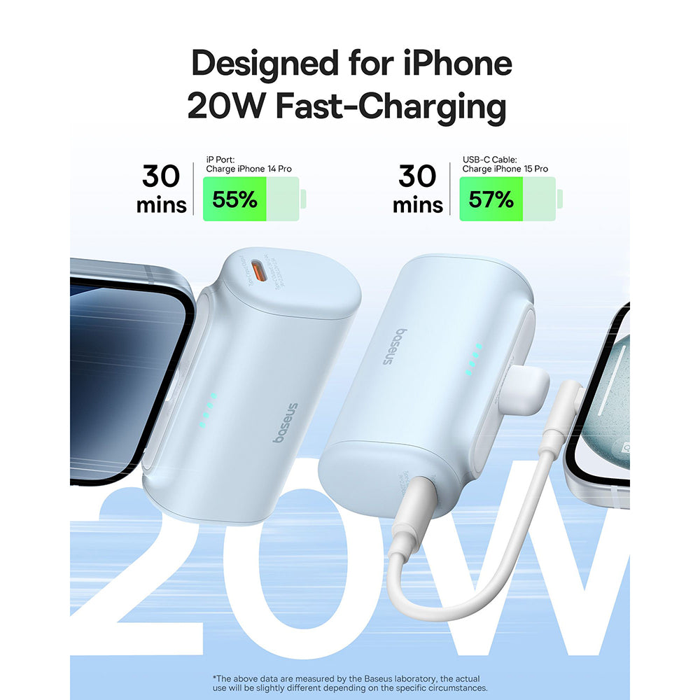 Ulkoinen akku Baseus Compact, 5000mAh, 20W, PD, 1 x Lightning - 1 x USB-C, Sininen P10068307313-00