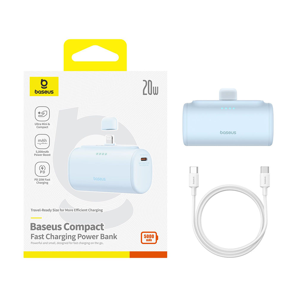 Ulkoinen akku Baseus Compact, 5000mAh, 20W, PD, 1 x Lightning - 1 x USB-C, Sininen P10068307313-00