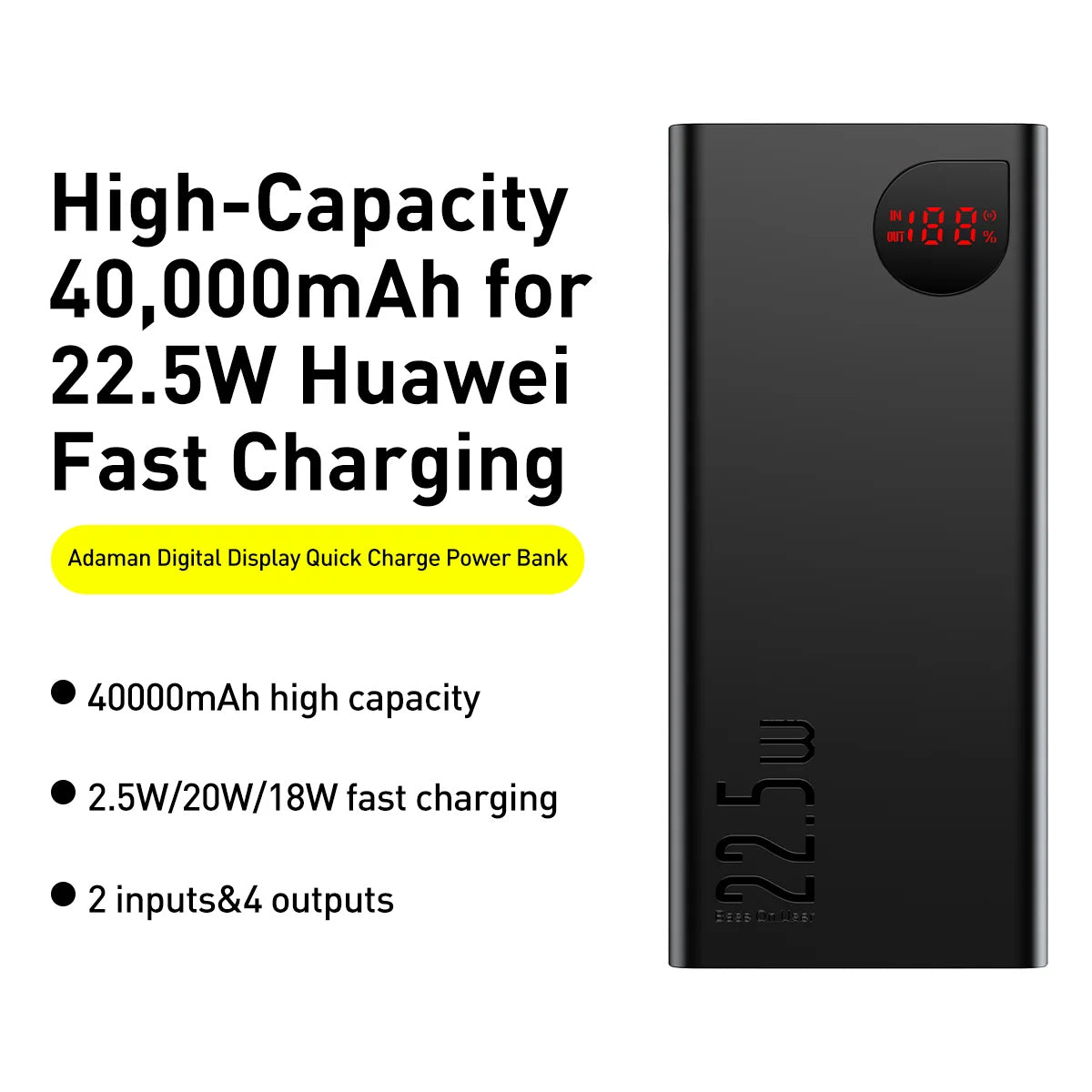 Baseus Adaman ulkoinen akku, 40000mAh, 22.5W, QC + PD, 1 x USB-C - 3 x USB-A, Musta