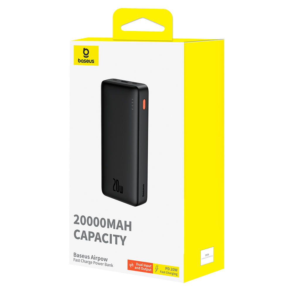 Ulkoinen akku Baseus Airpow, 20000mAh, 20W, QC + PD, 1 x USB-A - 1 x USB-C, Musta P10022804113-00