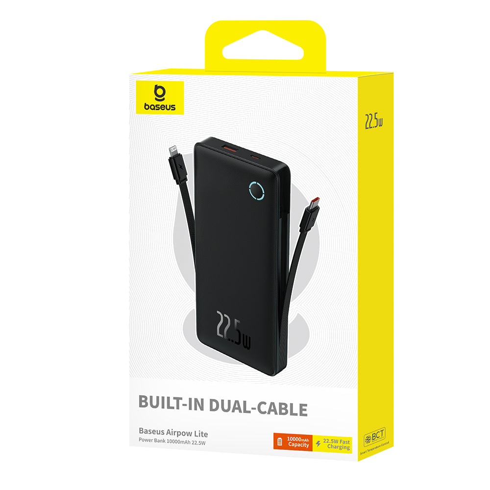 Baseus Airpow Lite -ulkoinen akku, 10000mAh, 22.5W, QC + PD, 1 x Lightning - 1 x USB-A - 2 x USB-C, Musta P10067501123-00