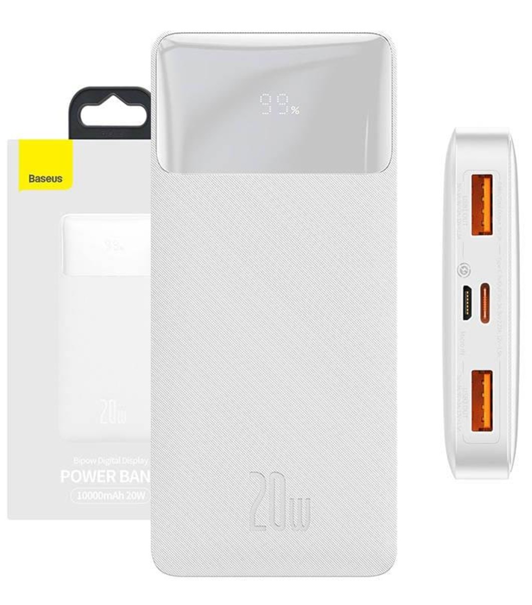 Ulkoinen akku Baseus Bipow, 10000mAh, 20W, QC + PD, 1 x USB-C - 2 x USB-A, Valkoinen PPBD050502