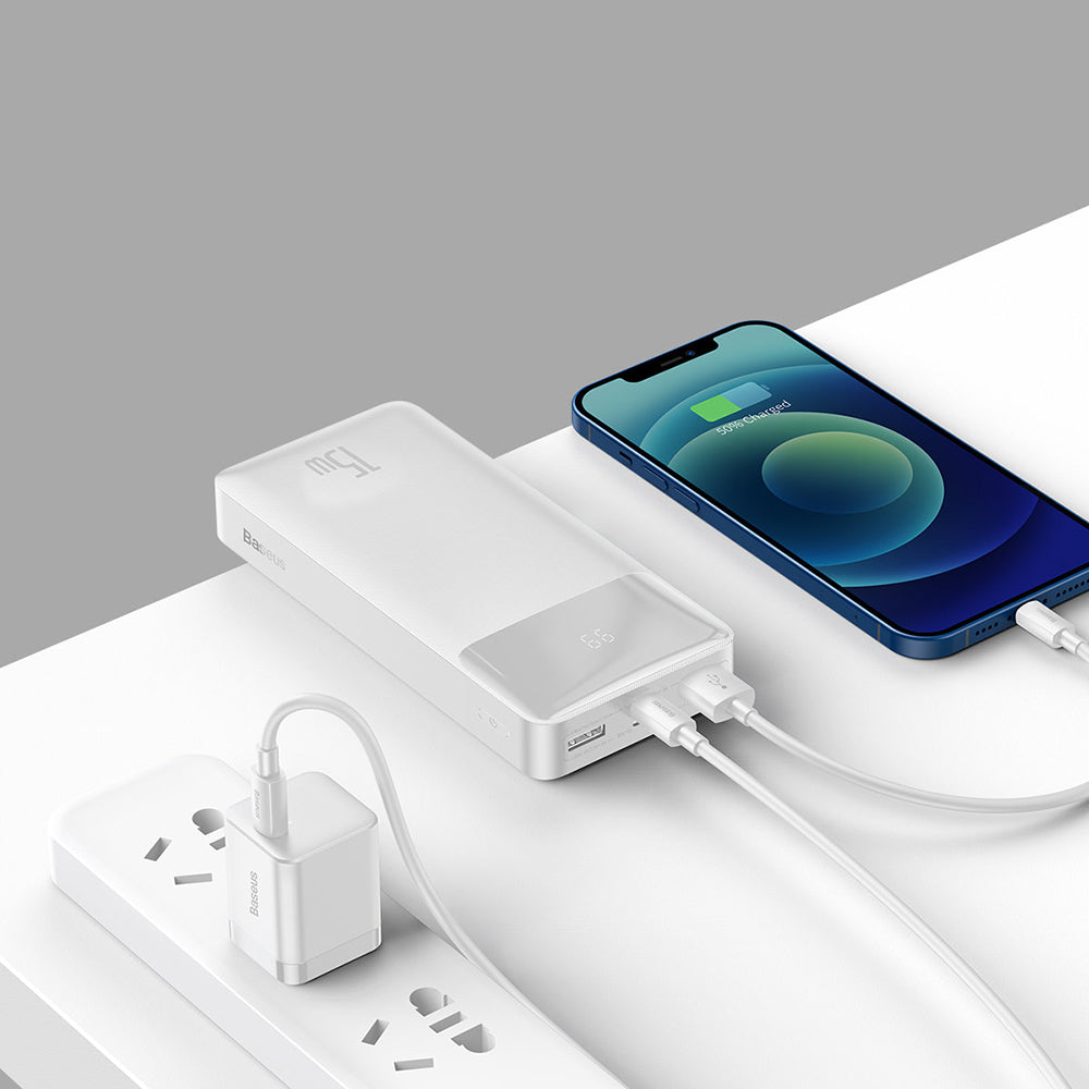 Baseus Bipow ulkoinen akku, 20000mAh, 15W, 1 x USB-C - 2 x USB-A, Valkoinen PPBD050102