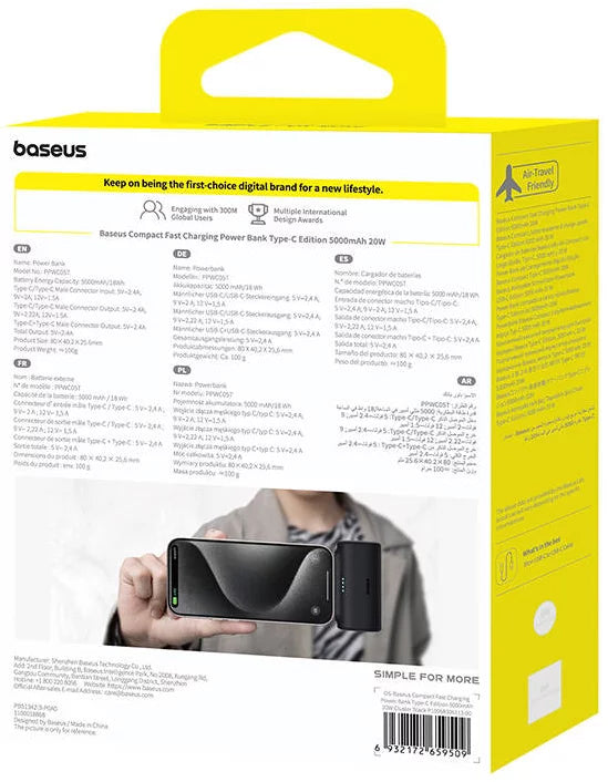 Baseus Compact Ulkoinen Akku, 5000mAh, 20W, PD, 2 x USB-C, Musta P10068306113-00