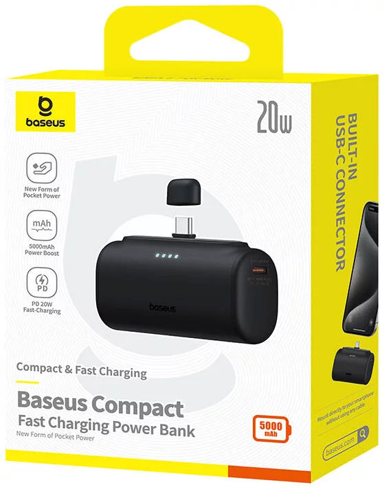 Baseus Compact Ulkoinen Akku, 5000mAh, 20W, PD, 2 x USB-C, Musta P10068306113-00