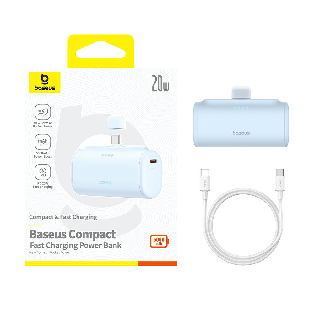 Baseus Compact Ulkoinen Akku, 5000mAh, 20W, PD, 2 x USB-C, Sininen P10068306313-00