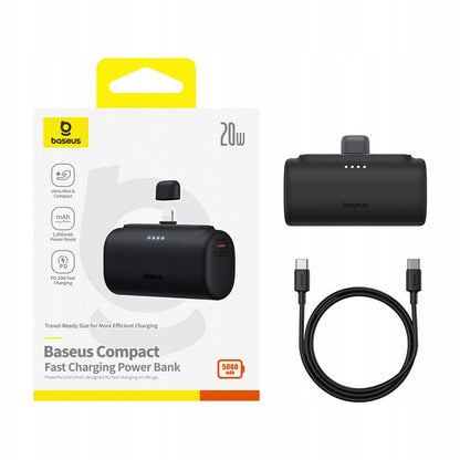 Ulkoinen akku Baseus Compact, 5000mAh, 20W, PD, 1 x Lightning - 1 x USB-C, Musta P10068307113-00