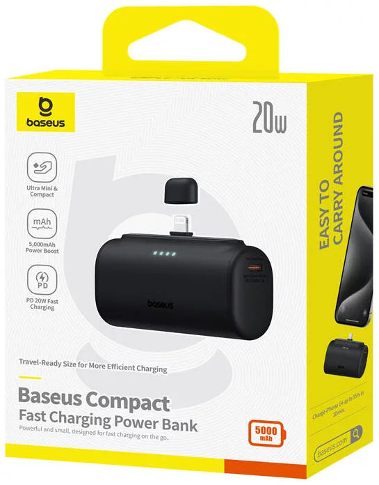 Ulkoinen akku Baseus Compact, 5000mAh, 20W, PD, 1 x Lightning - 1 x USB-C, Musta P10068307113-00