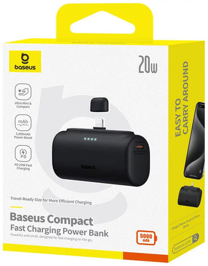 Ulkoinen akku Baseus Compact, 5000mAh, 20W, PD, 1 x Lightning - 1 x USB-C, Musta P10068307113-00