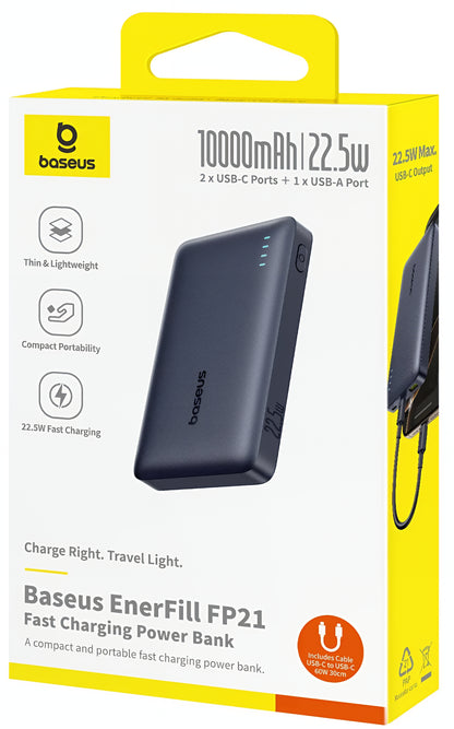 Ulkoinen akku Baseus EnerFill FP21, 10000mAh, 22.5W, QC + PD, 1 x USB-A - 2 x USB-C, Musta P1008210D123-00