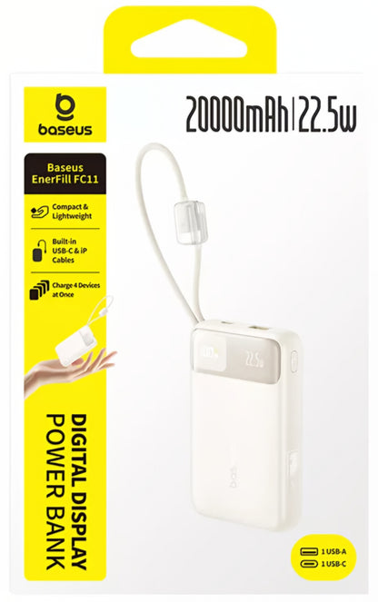 Baseus EnerFill FC11 ulkoinen akku, 20000mAh, 22.5W, QC + PD, 1 x Lightning - 1 x USB-A - 2 x USB-C, Beige E0027S05