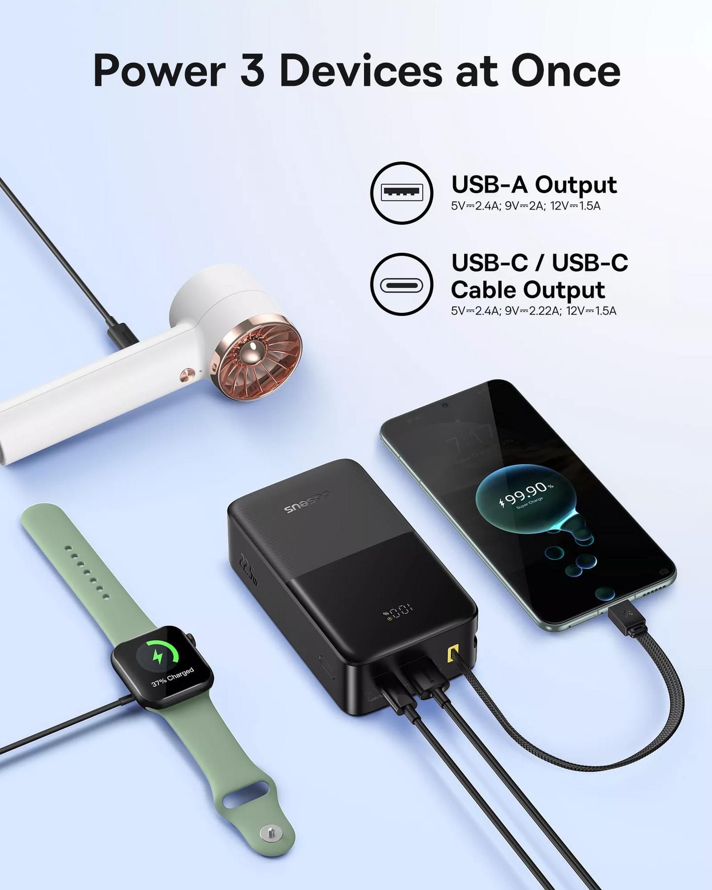 Baseus EnerFill Bipow2 Pro ulkoinen akku, 30000mAh, 22.5W, QC + PD, 1 x USB-A - 2 x USB-C, Musta E0028100