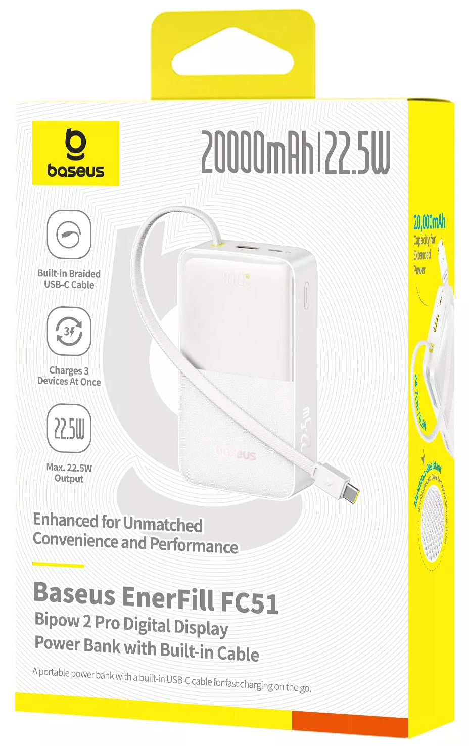 Baseus EnerFill Bipow2 Pro ulkoinen akku, 20000mAh, 22.5W, QC + PD, 1 x USB-A - 2 x USB-C, Valkoinen E0027700