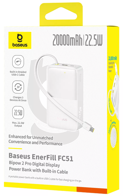 Baseus EnerFill Bipow2 Pro ulkoinen akku, 20000mAh, 22.5W, QC + PD, 1 x USB-A - 2 x USB-C, Valkoinen E0027700