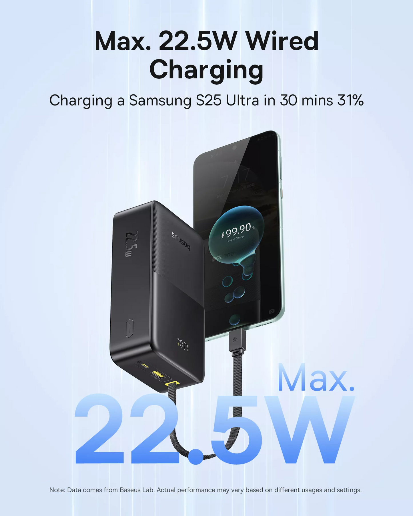 Baseus EnerFill Bipow2 Pro ulkoinen akku, 30000mAh, 22.5W, QC + PD, 1 x USB-A - 2 x USB-C, Musta E0028100