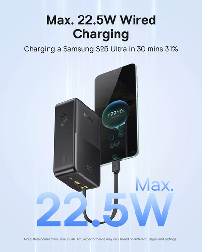 Baseus EnerFill Bipow2 Pro ulkoinen akku, 30000mAh, 22.5W, QC + PD, 1 x USB-A - 2 x USB-C, Musta E0028100