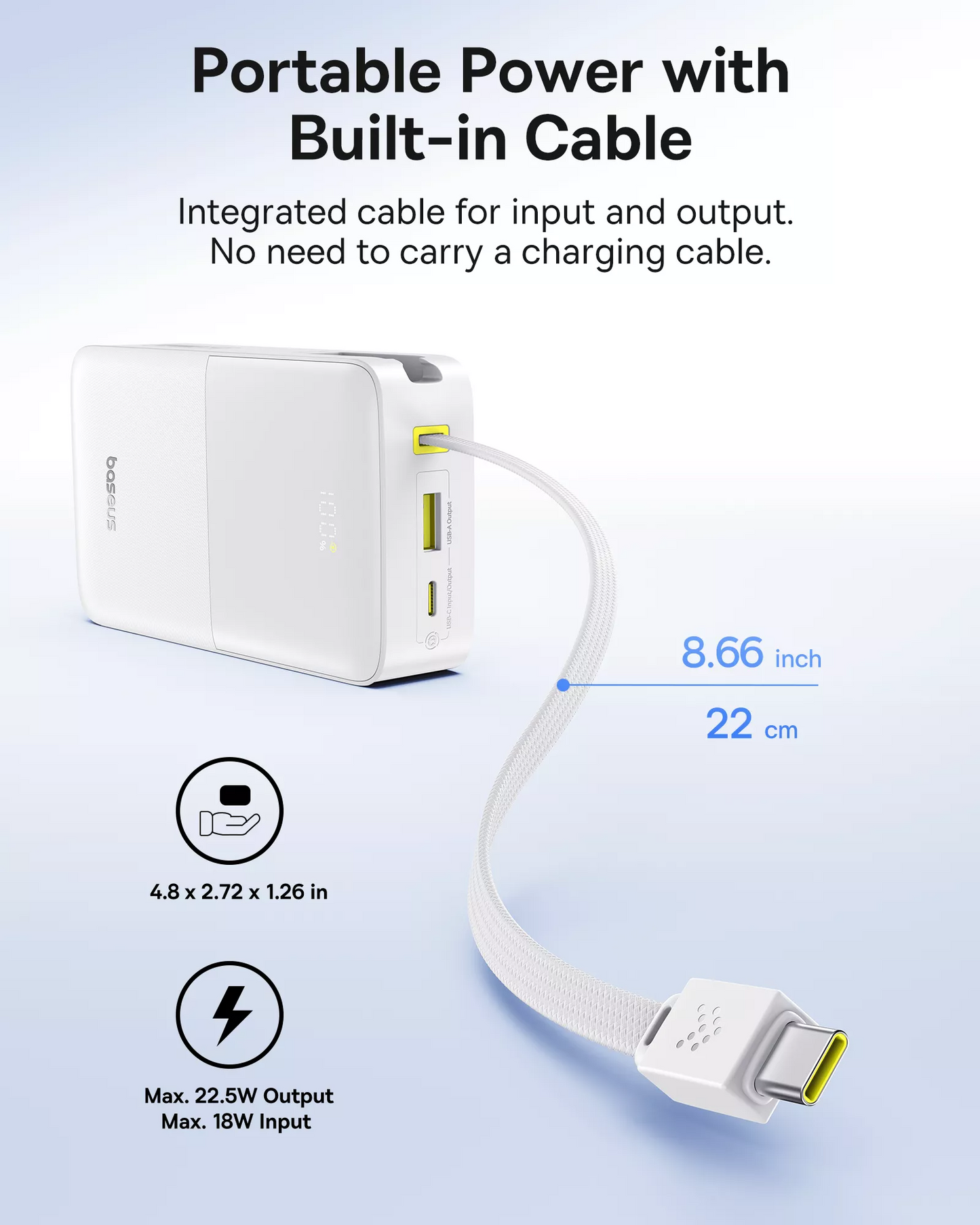 Baseus EnerFill Bipow2 Pro ulkoinen akku, 20000mAh, 22.5W, QC + PD, 1 x USB-A - 2 x USB-C, Valkoinen E0027700
