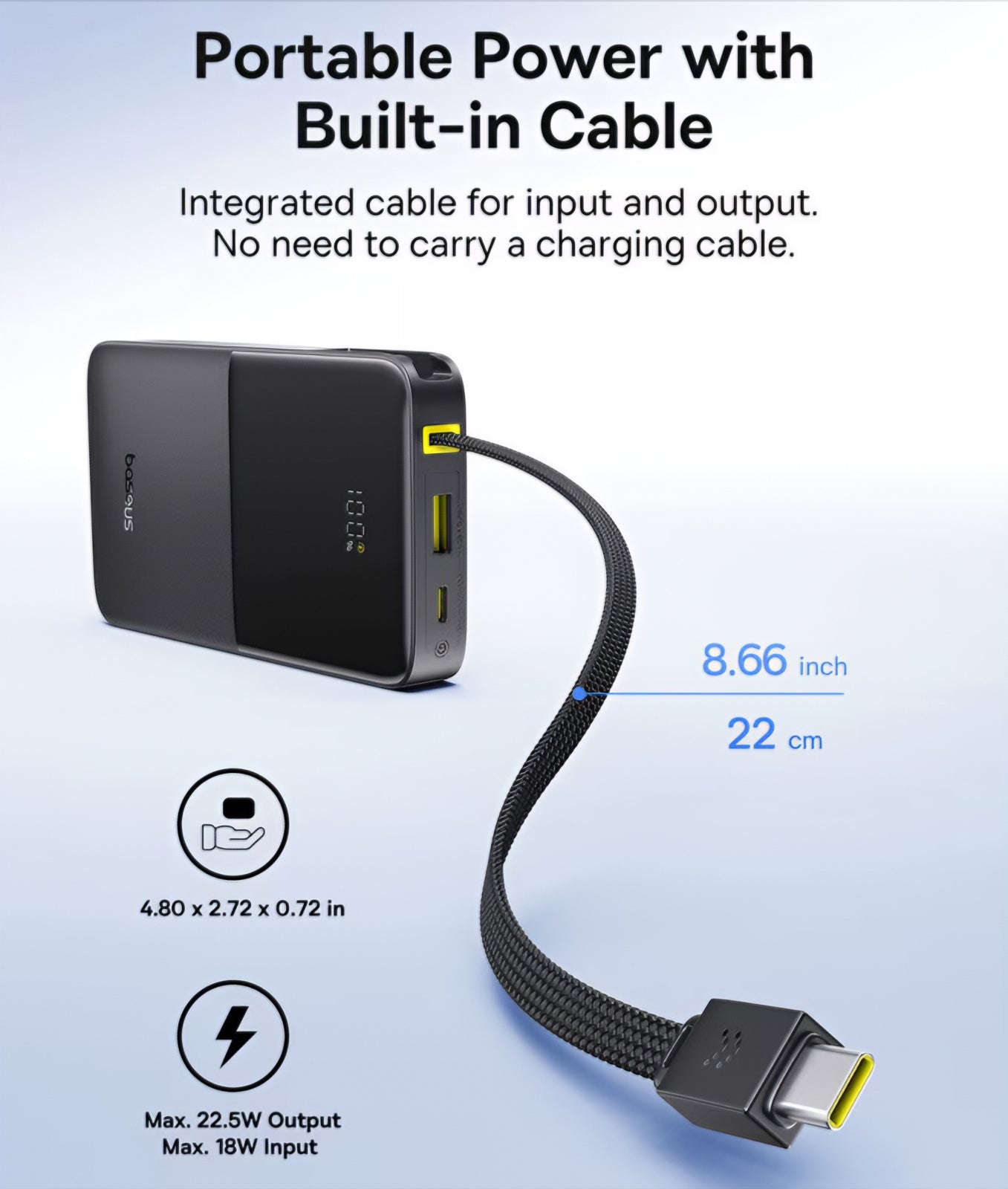 Ulkoinen akku Baseus EnerFill Bipow2 Pro, 10000mAh, 22.5W, QC + PD, 1 x USB-A - 2 x USB-C, Musta E0027600
