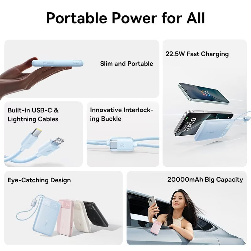 Baseus EnerFill FC11 ulkoinen akku, 20000mAh, 22,5W, QC + PD, 1 x Lightning - 1 x USB-A - 2 x USB-C, Musta E0027S04