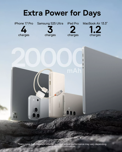 Baseus EnerFill FC41 ulkoinen akku, 20000mAh, 100W, QC + PD, 1 x USB-A - 3 x USB-C, Valkoinen E0028N04