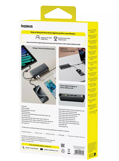 Baseus EnerFill FC41 Ulkoinen Akku, 20000mAh, 100W, QC + PD, 1 x USB-A - 3 x USB-C, Musta E0028N03