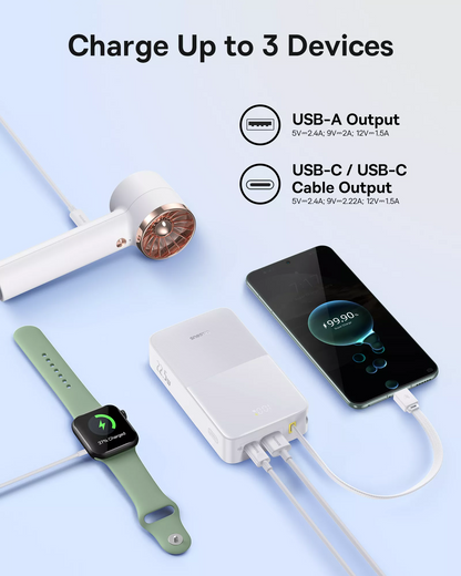 Baseus EnerFill Bipow2 Pro ulkoinen akku, 20000mAh, 22.5W, QC + PD, 1 x USB-A - 2 x USB-C, Valkoinen E0027700