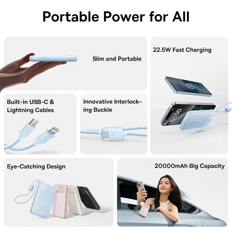 Baseus EnerFill FC11 ulkoinen akku, 10000mAh, 22.5W, QC + PD, 1 x Lightning - 1 x USB-A - 2 x USB-C, Musta E0027R04