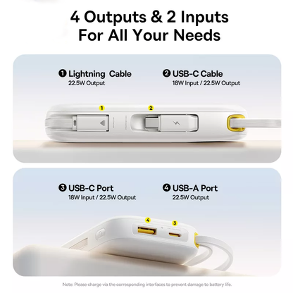 Baseus EnerFill FC31 ulkoinen akku, 10000mAh, 22,5W, QC + PD, 1 x Lightning - 1 x USB-A - 2 x USB-C, Valkoinen P10082106213-00