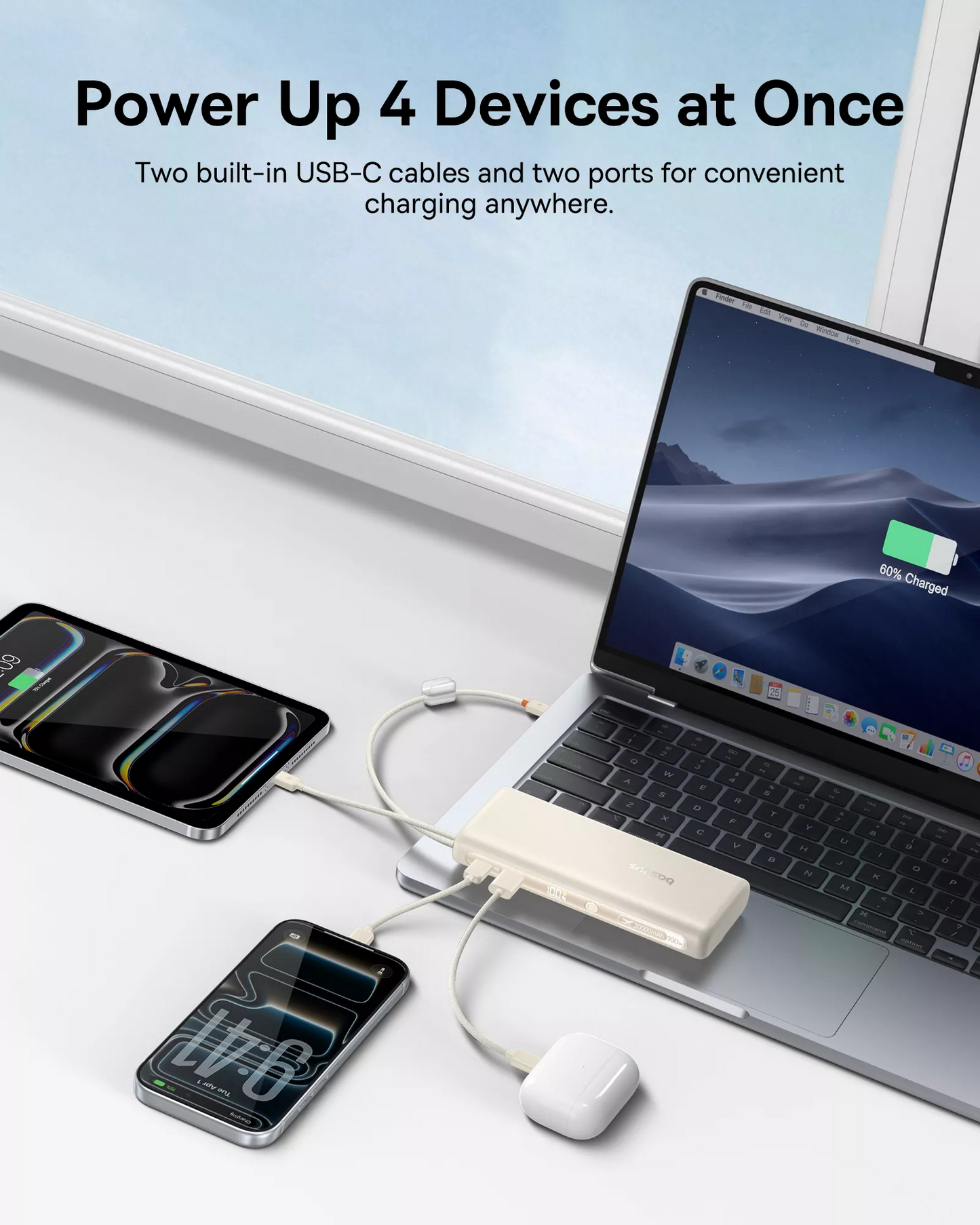 Baseus EnerFill FC41 ulkoinen akku, 20000mAh, 100W, QC + PD, 1 x USB-A - 3 x USB-C, Valkoinen E0028N04
