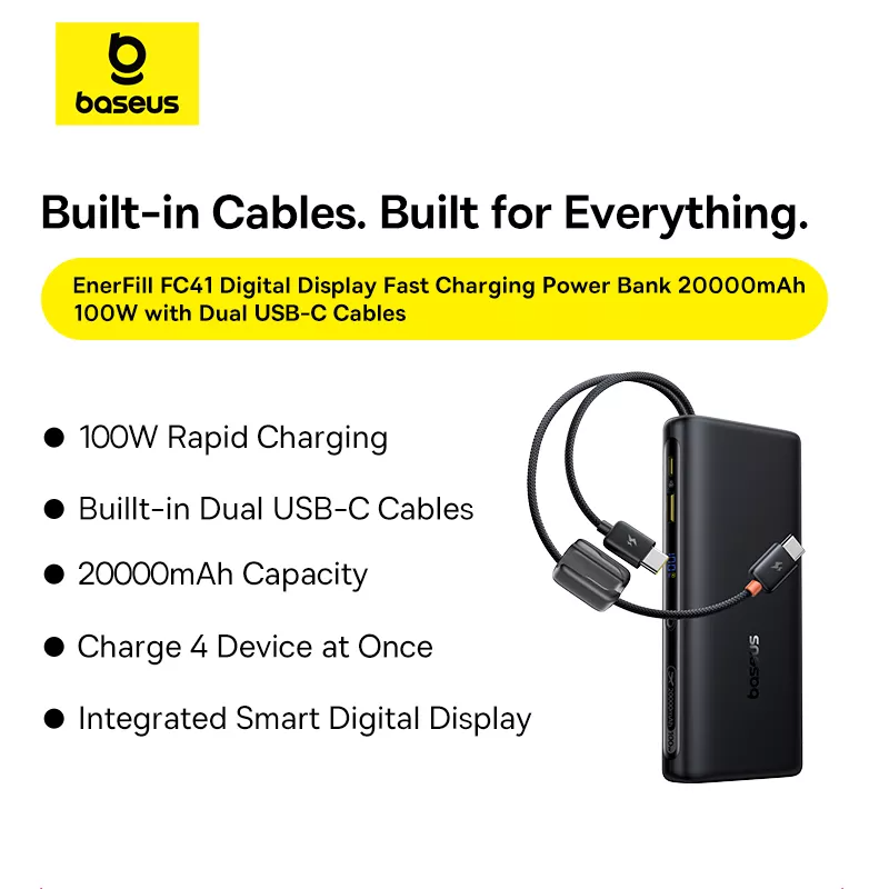 Baseus EnerFill FC41 Ulkoinen Akku, 20000mAh, 100W, QC + PD, 1 x USB-A - 3 x USB-C, Musta E0028N03