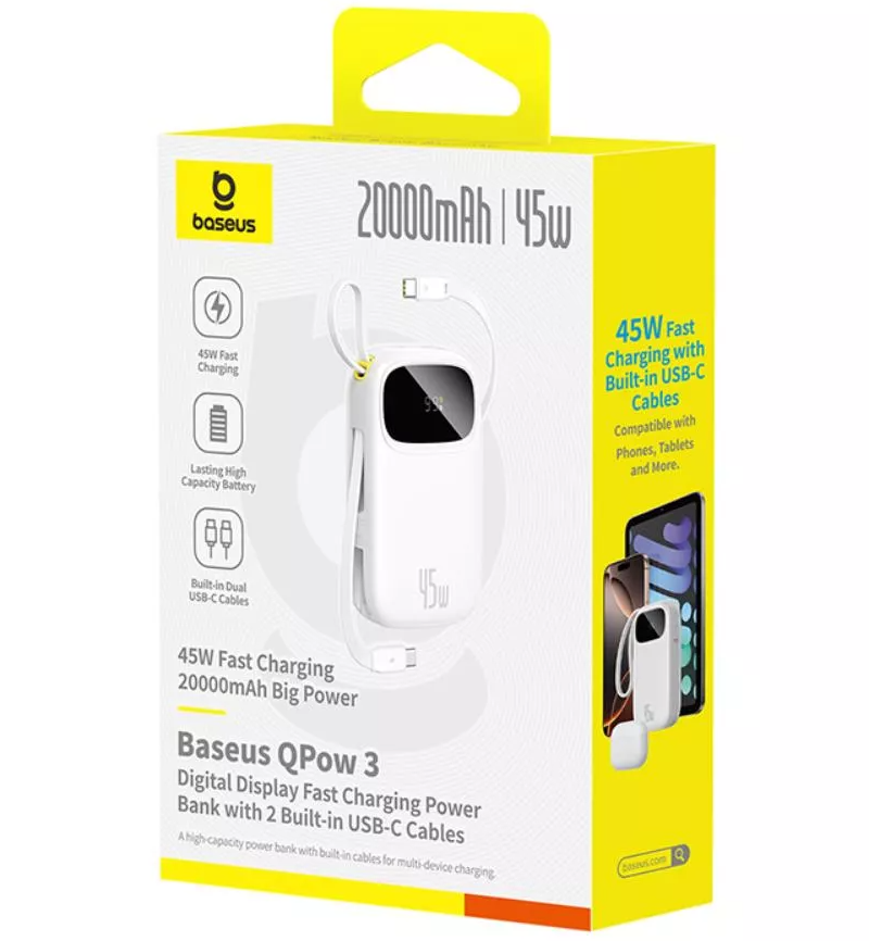 Baseus EnerFill FC31 ulkoinen akku, 20000mAh, 45W, QC + PD, 1 x Lightning - 1 x USB-A - 2 x USB-C, Valkoinen P10082105213-00