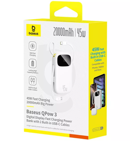Baseus EnerFill FC31 ulkoinen akku, 20000mAh, 45W, QC + PD, 1 x Lightning - 1 x USB-A - 2 x USB-C, Valkoinen P10082105213-00