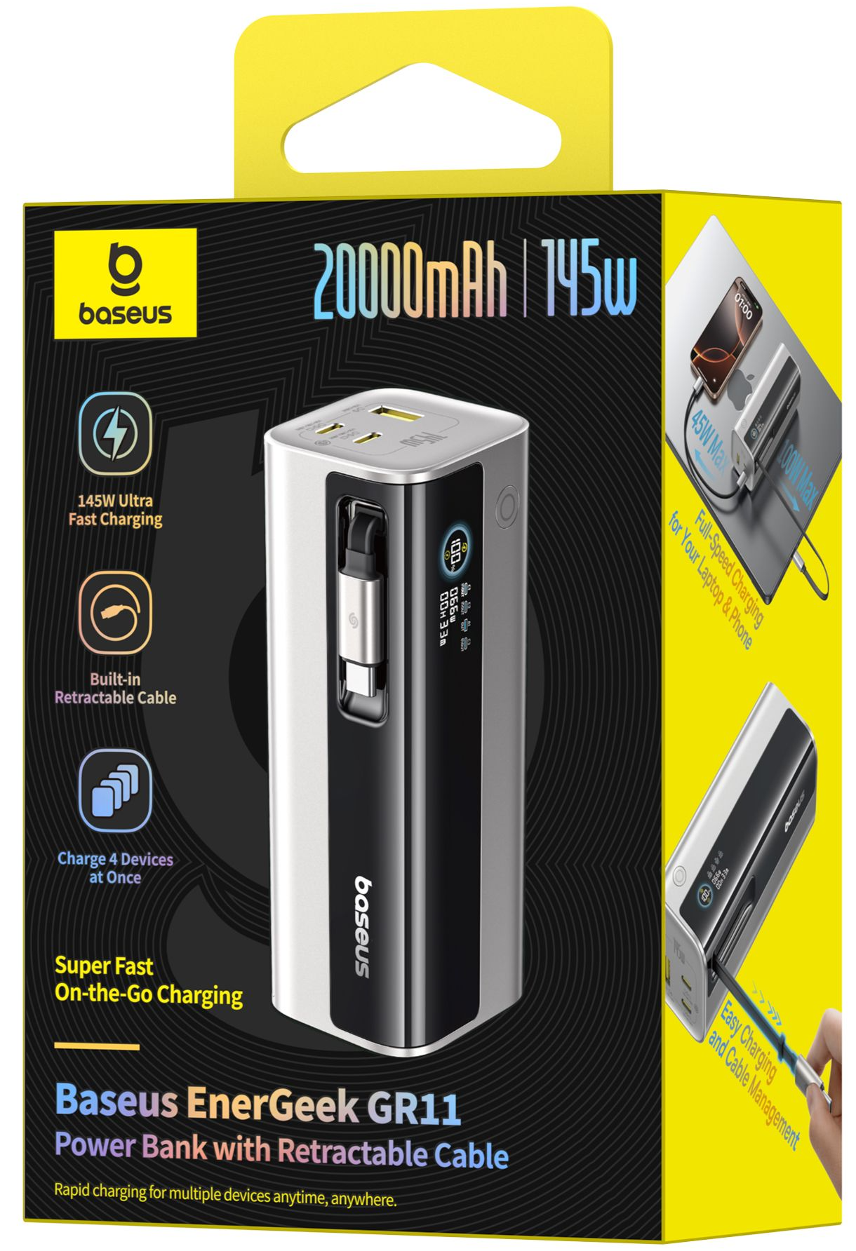 Baseus EnerGeek GR11 Ulkoinen Akku, 20000mAh, 145W, QC + PD, 1 x USB-A - 3 x USB-C, Hopea E0027B02