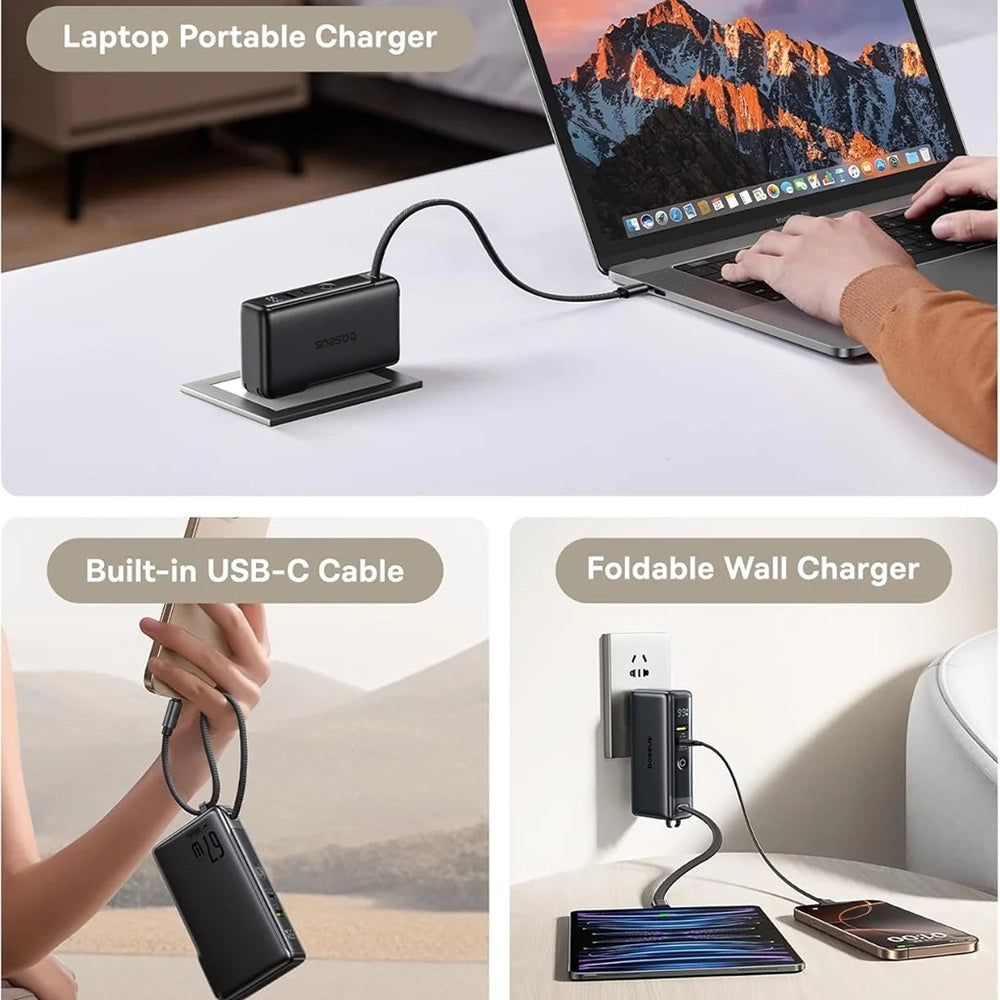 Ulkoinen akku Baseus Nomos NT11 Omni US, 10000mAh, 67W, QC + PD, 1 x USB-A - 2 x USB-C, Musta P10078807123-00