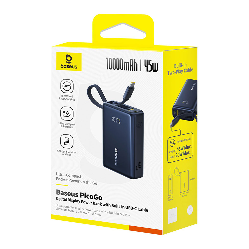 Baseus PicoGo Ulkoinen Akku, 10000mAh, 45W, QC + PD, 1 x USB-A - 2 x USB-C, Musta P10076803123-00