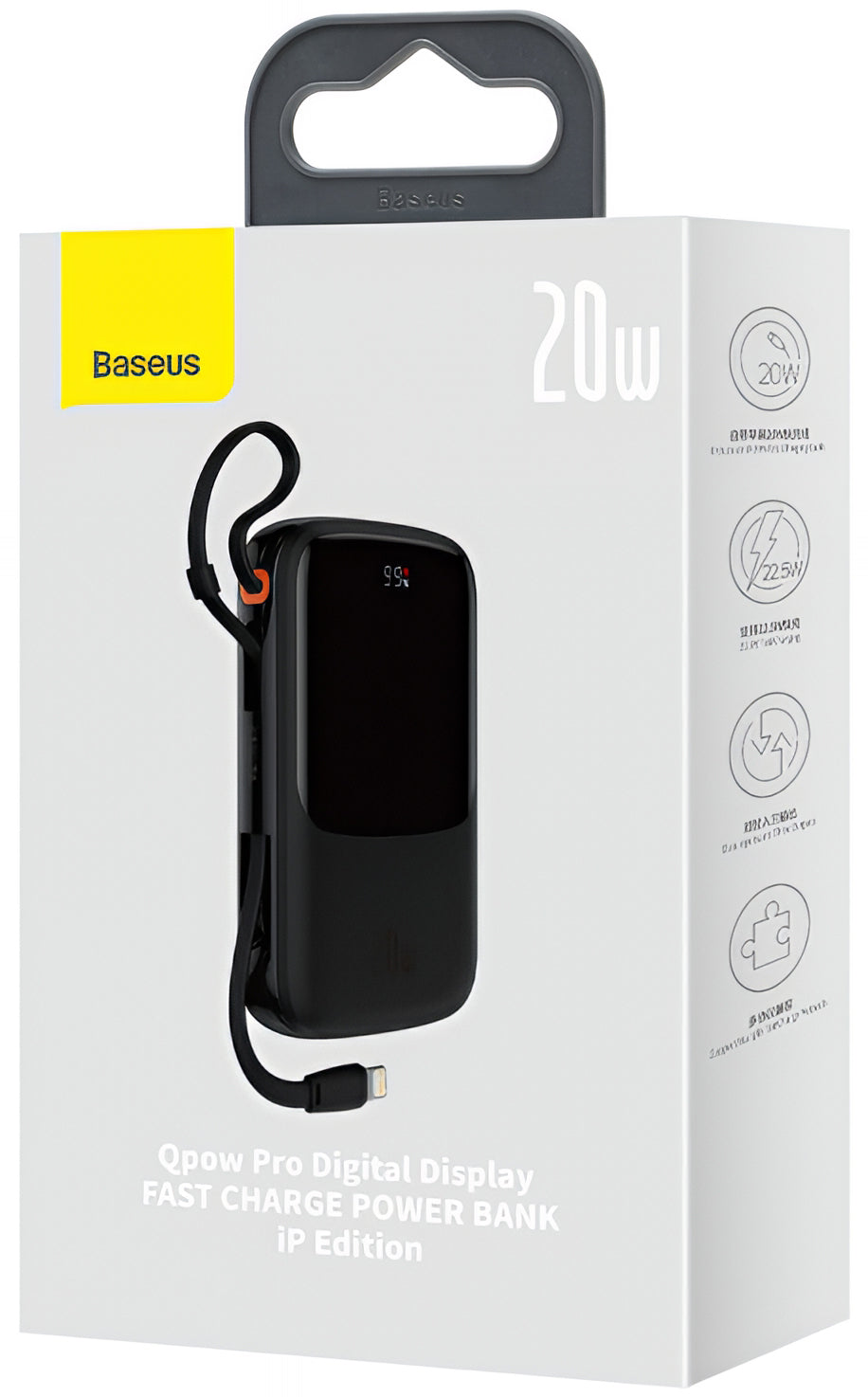 Baseus Qpow Pro Ulkoinen Akku, 20000mAh, 20W, QC + PD, 1 x Lightning - 1 x USB-A - 1 x USB-C, Musta PPQD060201