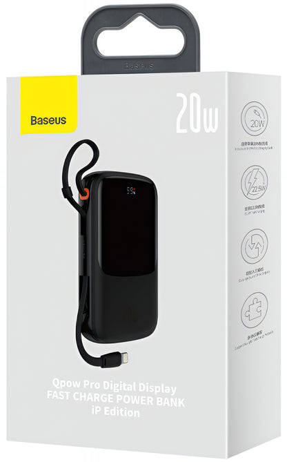 Baseus Qpow Pro Ulkoinen Akku, 20000mAh, 20W, QC + PD, 1 x Lightning - 1 x USB-A - 1 x USB-C, Musta PPQD060201