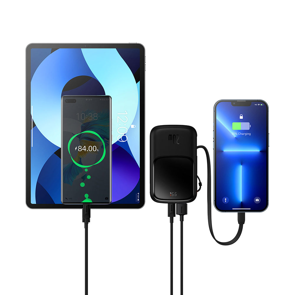 Baseus Qpow Pro ulkoinen akku, 10000mAh, 20W, QC + PD, 1 x Lightning - 1 x USB-A - 1 x USB-C, Musta PPQD020001
