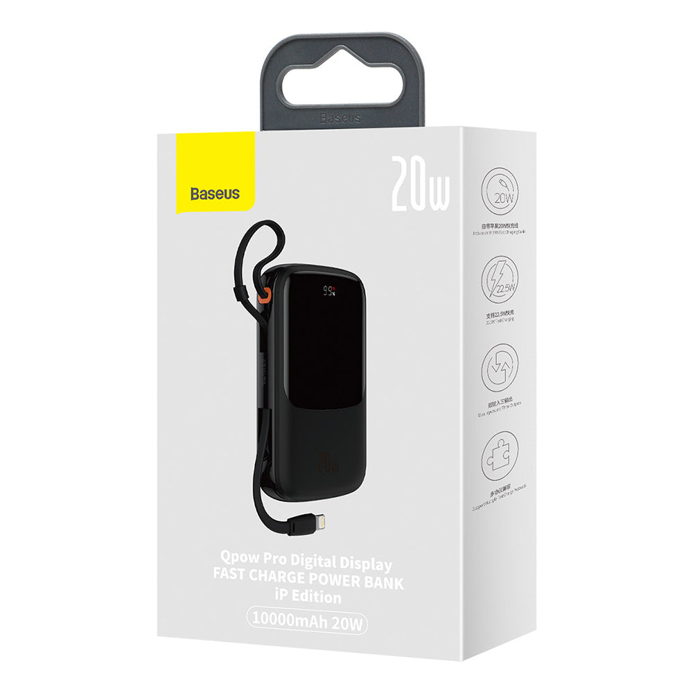 Baseus Qpow Pro ulkoinen akku, 10000mAh, 20W, QC + PD, 1 x Lightning - 1 x USB-A - 1 x USB-C, Musta PPQD020001