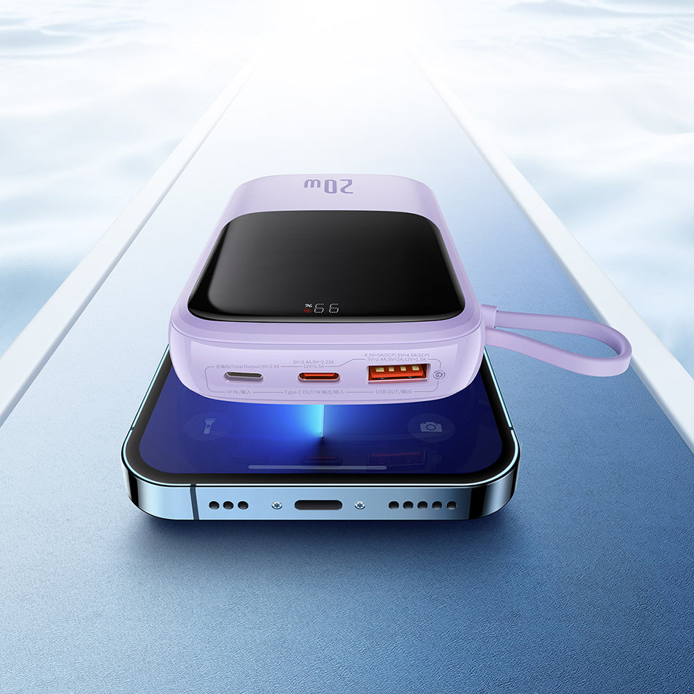 Baseus Qpow Pro ulkoinen akku, 20000mAh, 20W, QC + PD, 1 x Lightning - 1 x USB-A - 1 x USB-C, Violetti PPQD030005
