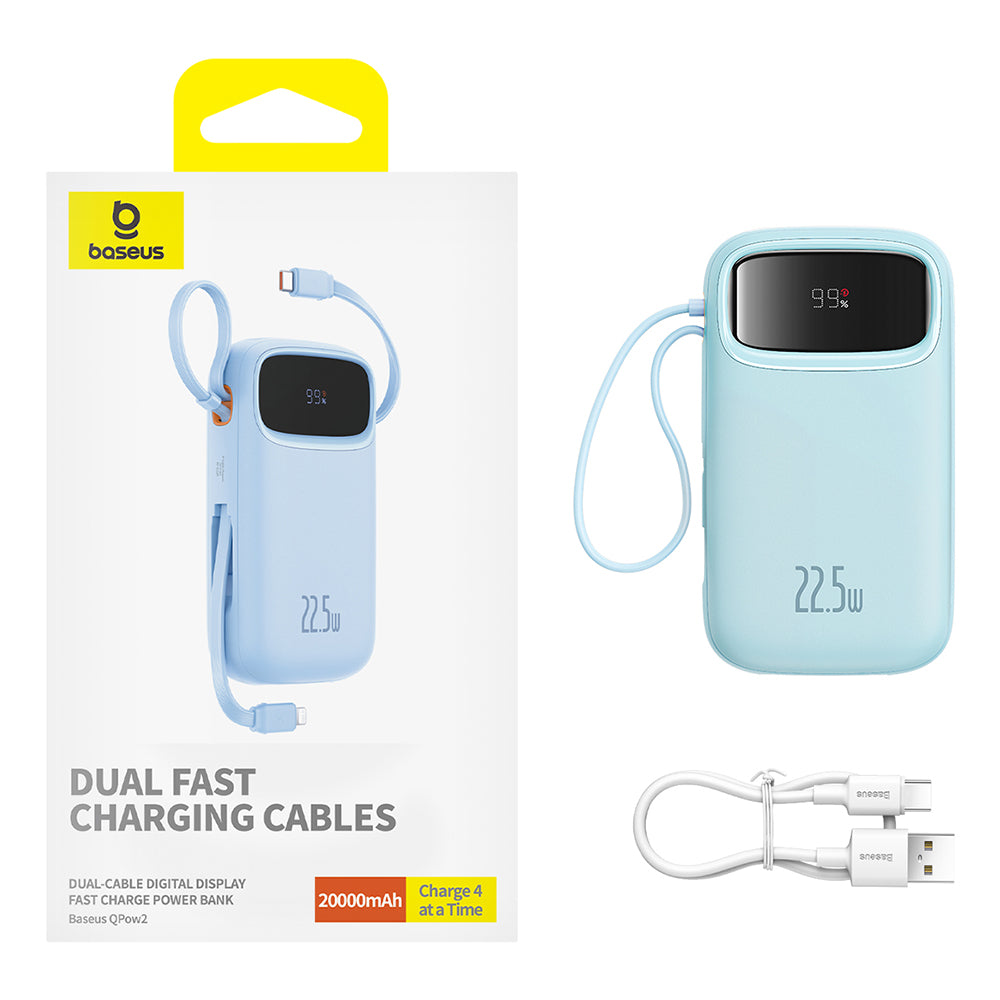 Baseus Qpow Pro+ Ulkoinen Akku, 20000mAh, 22.5W, QC + PD, 1 x Lightning - 1 x USB-A - 2 x USB-C, Sininen P10055002313-00