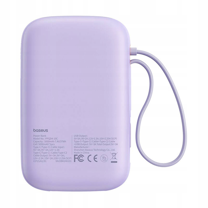 Ulkoinen akku Baseus Qpow2, 10000mAh, 30W, QC + PD, 1 x USB-A - 3 x USB-C, Violetti P10055008513-00