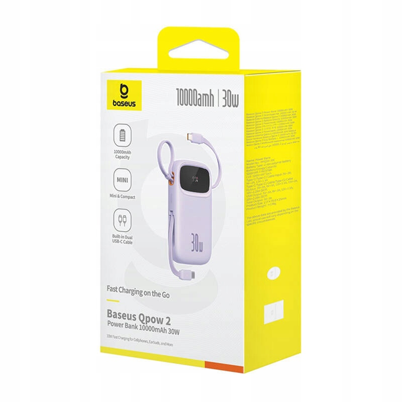 Ulkoinen akku Baseus Qpow2, 10000mAh, 30W, QC + PD, 1 x USB-A - 3 x USB-C, Violetti P10055008513-00
