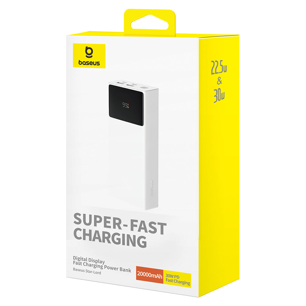 Ulkoinen akku Baseus Star Lord, 20000mAh, 30W, QC + PD, 1 x USB-C - 2 x USB-A, Valkoinen P10022904213-00