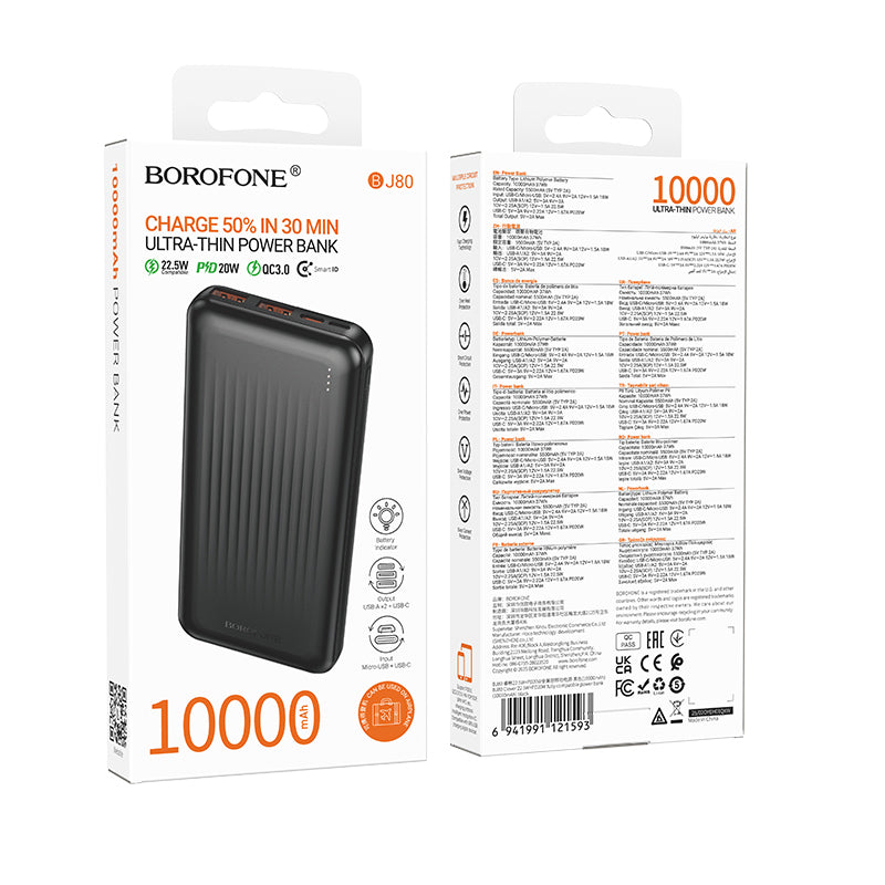 Ulkoinen akku Borofone BJ80A Clever, 10000mAh, 22.5W, QC + PD, 1 x USB-C - 2 x USB-A, Musta