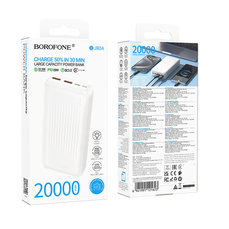 Ulkoinen akku Borofone BJ80A Clever, 20000mAh, 22.5W, QC + PD, 1 x USB-C - 2 x USB-A, Valkoinen